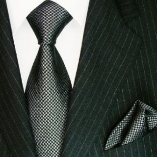 LORENZO CANA   Set aus 100% Seide   Krawatte mit Einstecktuch mit Hahnentritt Muster   grau schwarz silbergrau   8447401: Bekleidung