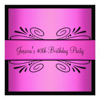 40th Birthday Bright Pink Black Floral Party Personalized Announcements