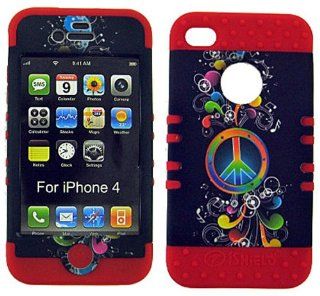 3 IN 1 HYBRID SILICONE COVER FOR APPLE IPHONE 4 4S HARD CASE SOFT RED RUBBER SKIN PEACE MUSIC NOTES RD TE270 KOOL KASE ROCKER CELL PHONE ACCESSORY EXCLUSIVE BY MANDMWIRELESS: Cell Phones & Accessories