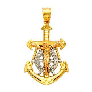 14K 3 Tri color Gold Jesus Crucifix Anchor Religious Charm Pendant: Goldenmine: Jewelry