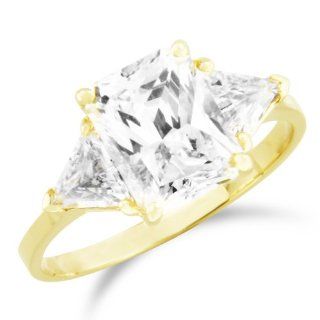 14k Yellow Gold Prong Set 3 Three Stones Round and Trillion Triangle Shape CZ Cubic Zirconia Bridal Wedding Anniversary Engagement Ring 2.0ct Jewelry