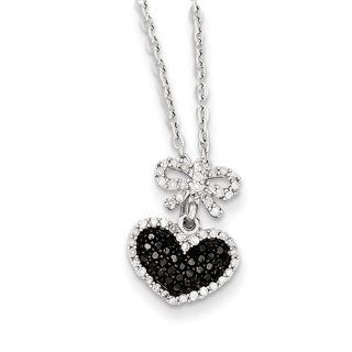 Sterling Silver Black and White Diamond Heart & Bow Pendant: Jewelry