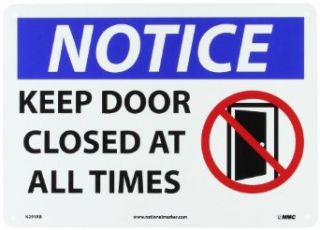 NMC N291RB OSHA Sign, Legend "NOTICE   KEEP DOOR CLOSED AT ALL TIMES" with Graphic, 14" Length x 10" Height, Rigid Plastic, Black/Blue on White: Industrial Warning Signs: Industrial & Scientific