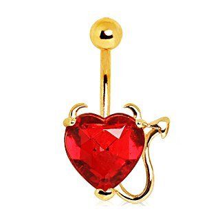 Gold Plated Devil Heart Belly Ring with Red Faceted Gem, Devil Horns and Tail   14G (1.6mm), 3/8'' Length: Belly Button Piercing Rings: Jewelry
