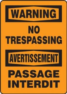 Accuform Signs FBMADM304VA Aluminum French Bilingual Sign, Legend "WARNING NO TRESPASSING/AVERTISSEMENT PASSAGE INTERDIT", 10" Width x 14" Length x 0.040" Thickness, Black on Orange: Industrial Warning Signs: Industrial & Scien