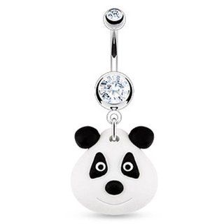 Black & White Clay Panda Bear Navel Ring Dangle Belly Button Piercing Jewelry w/Clear CZ Gem Jewelry