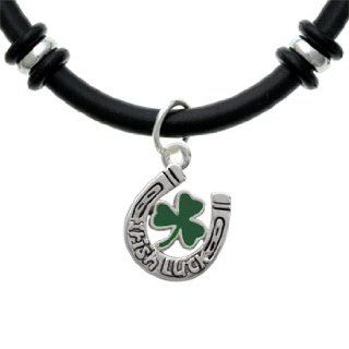 Irish Luck Horseshoe with Shamrock Black Rubber Charm Bracelet [Jewelry]: Jewelry