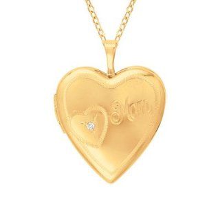 "Mom" Heart Shaped Locket with One Diamond Necklace Color Gold over Silver Pendant Necklaces Jewelry