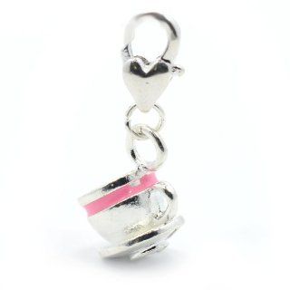 Pro Jewelry "Pink Teacup and Saucer" Clip on Dangling Charm with Heart Clasp for Chain Link Charm Bracelet Jewelry