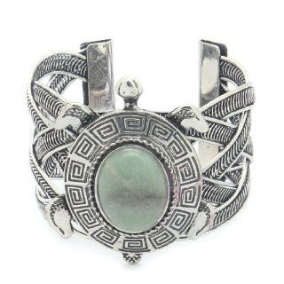 Vintage Silver Tone Metal Braided Bangle / Bracelet / Cuff with Synthetic Jade Inlaid Turtle Charm: Jewelry