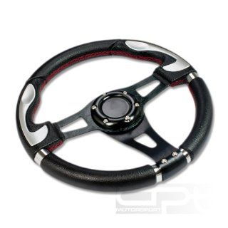 SW T340, 320mm 12.5" Black PVC Leather Red Stitch Silver Trim Black Spoke 6 Hole Racing Aluminum Steering Wheel with Horn Button: Automotive