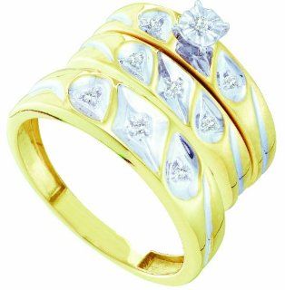 10K Yellow and White Gold .11CT Round Cut Diamond Bridal Trio Ring Set: Jewelry