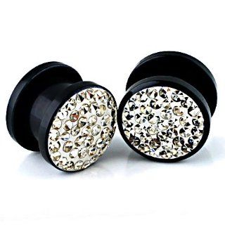 0g (8mm) Acrylic Ear Plugs   Black with White Gem Design   Sold by Pair Body Piercing Plugs Jewelry