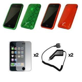 2 Pack of Premium Soft Gel Skin Cover Thermoplastic Guard Cases (Red and Green) + 2 Crytal Clear Screen Protectors + 2 Rapid Car Chargers for Apple iPhone 3G, 3G S: Cell Phones & Accessories