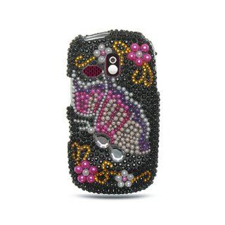 Black Purple Butterfly Bling Gem Jeweled Crystal Cover Case for Samsung Freeform SCH R350 SCH R351 Cell Phones & Accessories