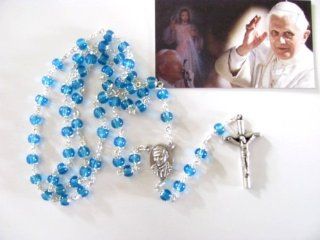Blessed By Pope Benedit XVI Beatus John Paul II Rosary Rosaries 6mm Glass bead double caps rosary in box, J 353 LT Blue Health & Personal Care