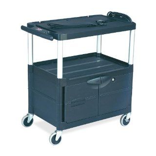 Rubbermaid Commercial Prod. 9T2900 Audio visual Cart, 3 Shelves w/ Cabinet, 3 Outlets, Black: Office Products