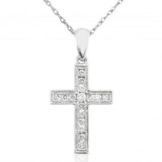 Round Cut Diamond Cross Pendant in 14kt White Gold (GH/I1 I2) Pendant Necklaces Jewelry