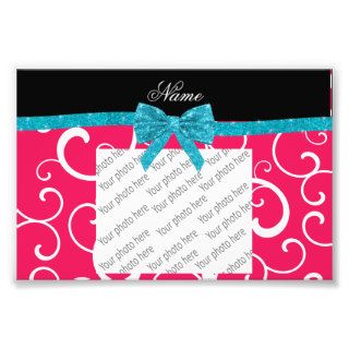 Custom name pink swirls turquoise glitter bow photo art