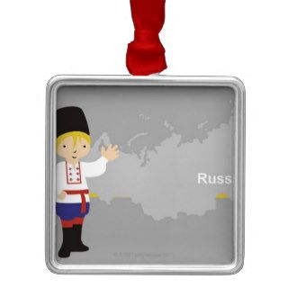 Boy in traditional Russian clothing in front of Christmas Tree Ornaments