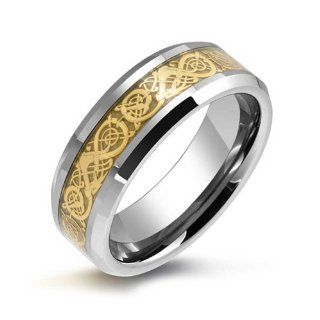 Bling Jewelry Tungsten Celtic Dragon Gold Inlay Flat Fit Wedding Band Jewelry
