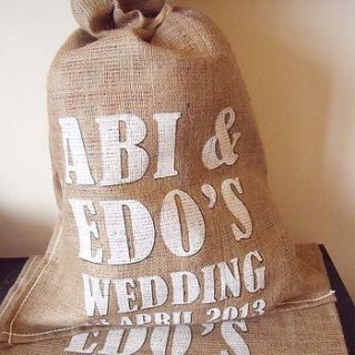 original personalised hessian wedding sack by sayitwithsam