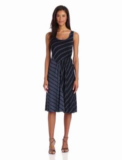 Three Dots Women's Stripe Drawstring Tea Length Dress, Blue Steel, Small at  Womens Clothing store