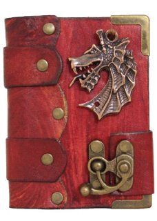 Handmade Chinese Dragon Head Pendant On A Red Leather Journal With Lock / Diary / Sketchbook / Leatherbound : Notepads : Office Products