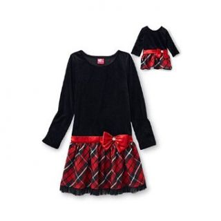 Girl's Velvet & Plaid Dress with Matching Doll Outfit (Large (10/12)): Clothing