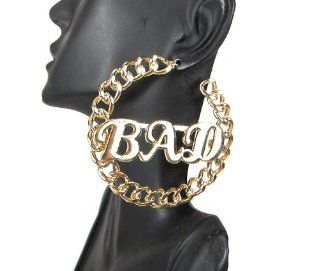 Womens Fashion Celebrity Inspired Gold "BAD" Symbol Link Chain Hoop Earrings Post Back Jewelry