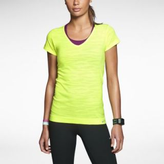 Nike Dri FIT Knit Novelty Short Sleeve V Neck Womens Running Shirt   Volt