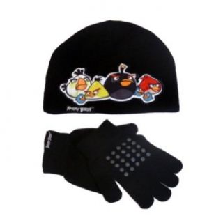 Angry Birds Hat Set Boys Black Angry Bird Beanie Winter Hat Gloves Stocking Cap: Clothing