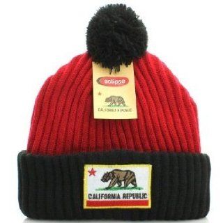California Republic Beanie Red and Black Beanie with Black Pom Clothing
