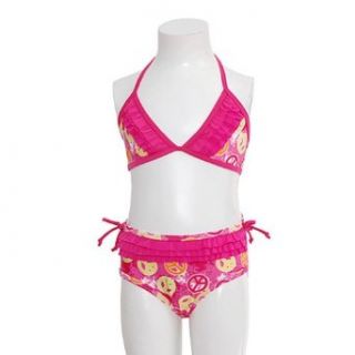 Little Girls 6X Fuchsia Peace Print Ruffle 2pc Bikini Swimsuit: 2B Real: Clothing