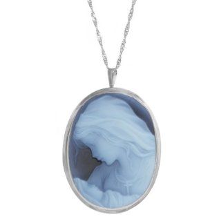 Sterling Silver Italian Blue Agate Mother and Baby Cameo Pin Pendant Necklace, 18": Jewelry