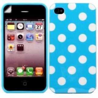 Polka Gel Case Cover Skin And LCD Screen Protector For Apple iphone 4 4S / White Polka Dot Spots Baby Blue: Cell Phones & Accessories