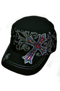 Ladies KB Ethos Multi Colored Rhinestone Cross Hat (Black): Clothing