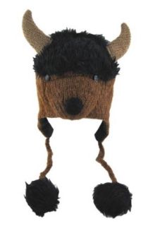 DeLux Bison Face Wool Pilot Animal Cap/Hat with Ear Flaps and Poms Clothing