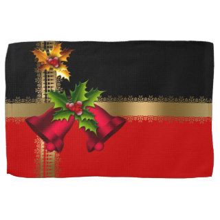 Merry Christmas Holiday Red Bells Black Gold Hand Towels