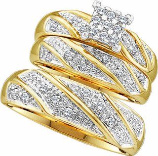Men's Ladies 10K Yellow Gold 0.27 Ct. Round Diamond Engagement Ring Wedding Band Bridal Trio Set: Jewelry
