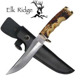 ER 027. Elk Ridge Hunter. 9" Overall Simulated Bone Handle. 9" overall with a 440 stainless steel blade and simulated bone handle. Includes genuine black leather sheath. This hunting knife is just right no matter if you hunt small or large game K