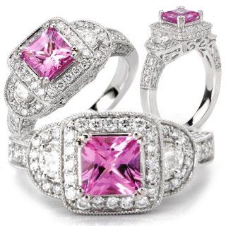 18k Elite Collection created princess cut pink sapphire engagement ring with natural diamond halo: Jewelry