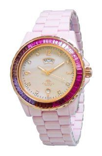 Oniss Paris Women'S ON6201 Lrg Pink "Princess Bello" Rainbow Collection Ladies All Ceramic S/S Bezel with 60 Colors Baguettes Crystals Day/Date Swiss Parts Movement   White Watch: Watches