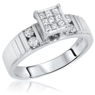 1/2 Carat T.W. Round, Princess Cut Diamond Women's Engagement Ring 10K White Gold   Free Gift Box Jewelry