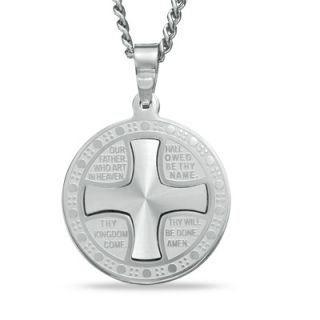 Mens Lords Prayer Round Cross Pendant in Stainless Steel   24