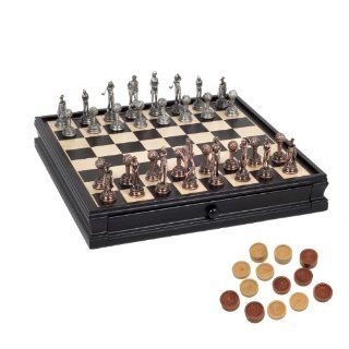 Golf Chess & Checkers Game Set   Pewter Chessmen & Black Stained Wood Board with Storage Drawers 15 in.: Toys & Games