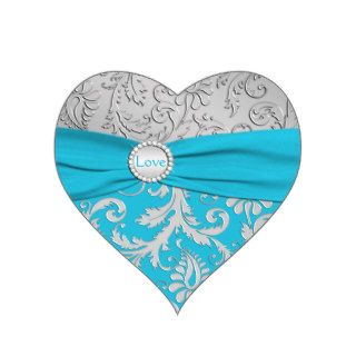 Turquoise and Silver Damask Heart Shaped Sticker