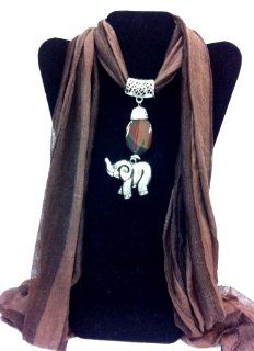 Fashion Scarf with Jewelry Pendant Silver Elephant Brown Stone Charm Accessory Interchangeable with Other Scarves Designer Style Adorable Trendy Scarf Pendant It Comes Without the Scarf Ships From USA Jewelry