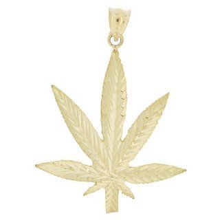 14k Yellow Gold, Hemp Marijuana Leaf Design Pendant Charm with Sparkly Cuts Jewelry