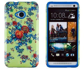 DandyCase 2in1 Hybrid High Impact Hard Colorful Green Rose Flower Pattern + Blue Silicone Case Cover For HTC One M7 4G LTE + DandyCase Screen Cleaner: Cell Phones & Accessories